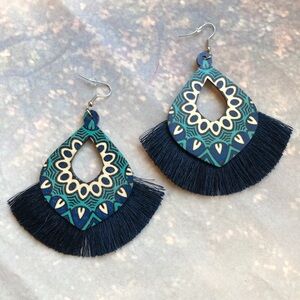 Blue Wood & Tassel Earrings Lightweight